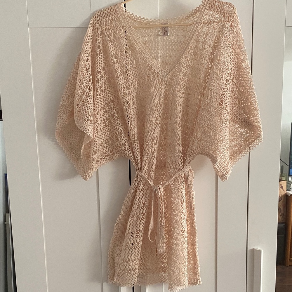 Luli Fama Tan Crochet Swim Coverup